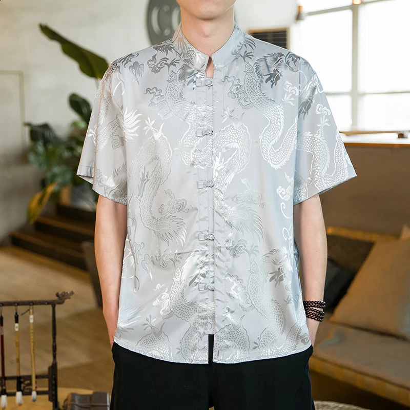 Men Shirt Mandarin Collar Short Sleeve Summer Oversize 5XL Plus Size Men Formal Black White Red Chinese Year Clothing Retro 240815