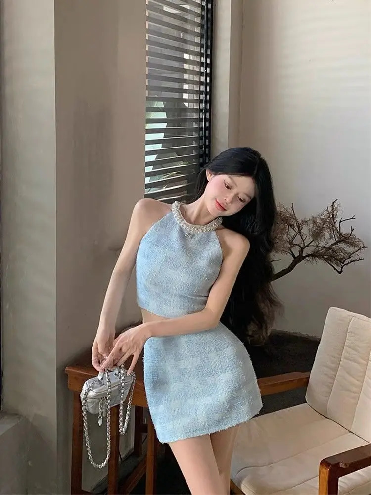 Sweet Suit Womens Summer Blue Beaded Diamonds Halter Neck Tank Top High Waist Mini Skirt Two-piece Set Female Clothes 240815