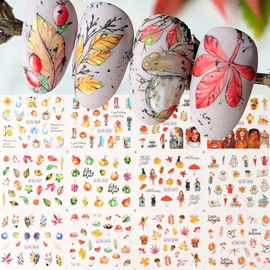 12pc Fall Leaves Nail Water Stickers Set Cute Pumpkin Mushroom Nail Foils Decals Watermark Transfer Slider Autumn Manicure DecorXJ240814