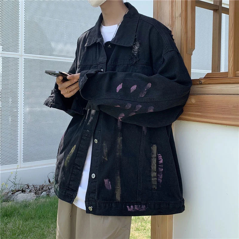Pierced denim jacket mens Korean version chaopai high street splash couples coat spring and autumn loose fashion versatile top 240814