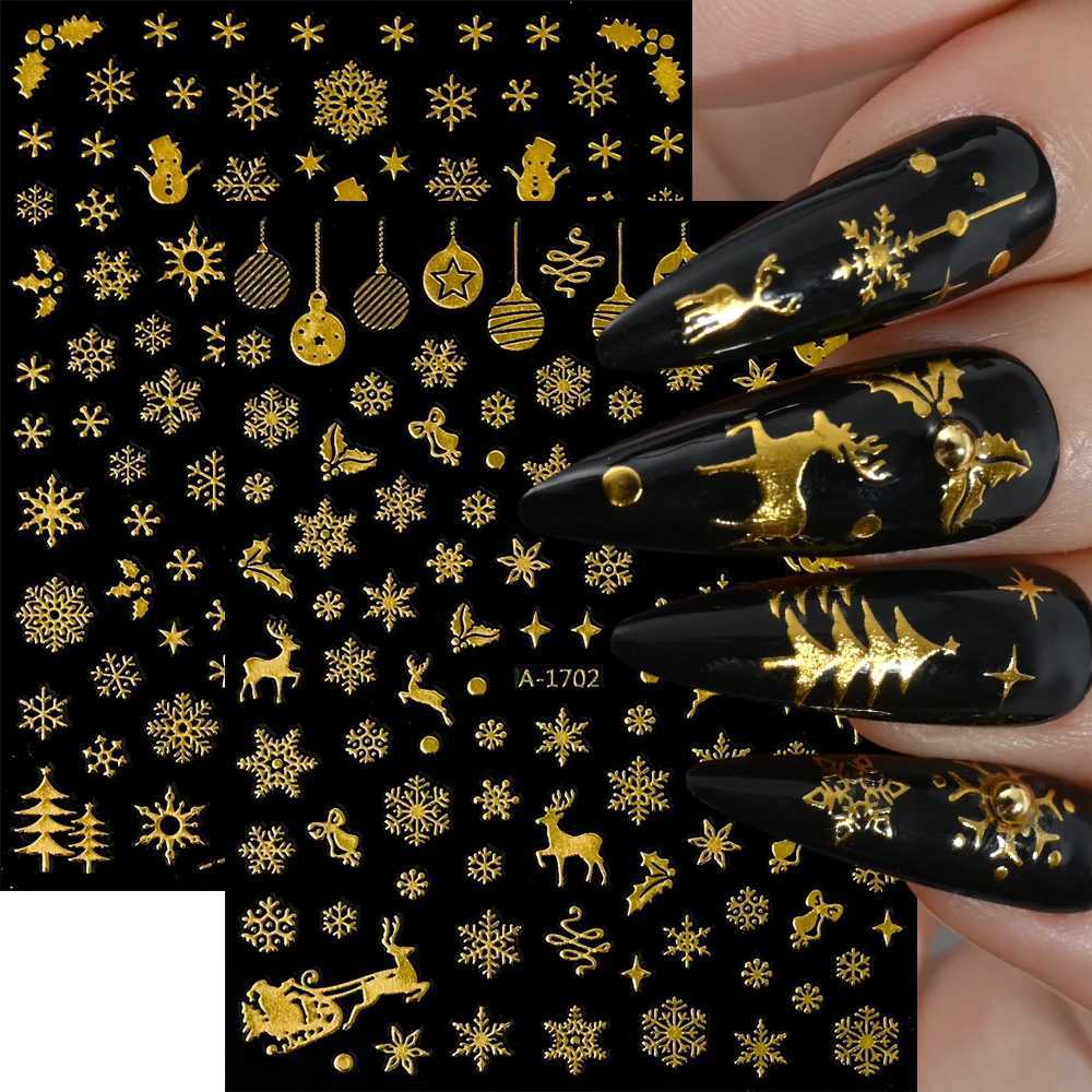 3D Gold Glitter Snowflake Nail Sticker Winter Reflective Elk Star Balloon Christmas Tree Foil Xmas New Year Decal Tips DecoratioXJ240814