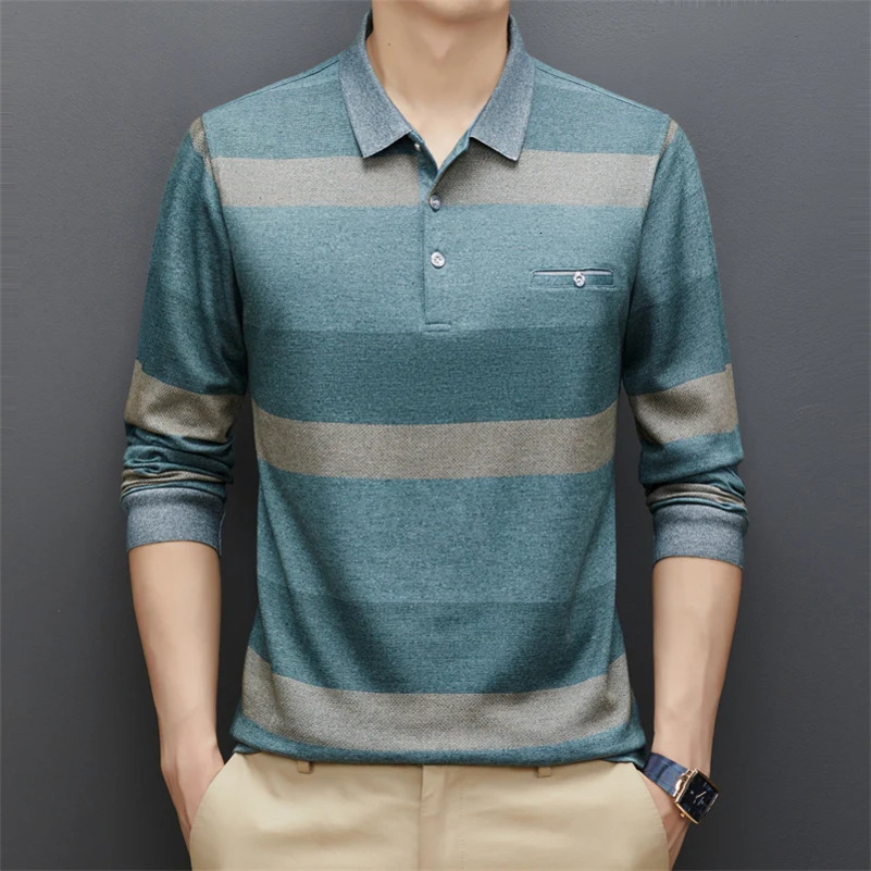 Mens Casual Stripe Plaid Long Sleeve Polo Shirt Fashion Solid Polo Top o240814