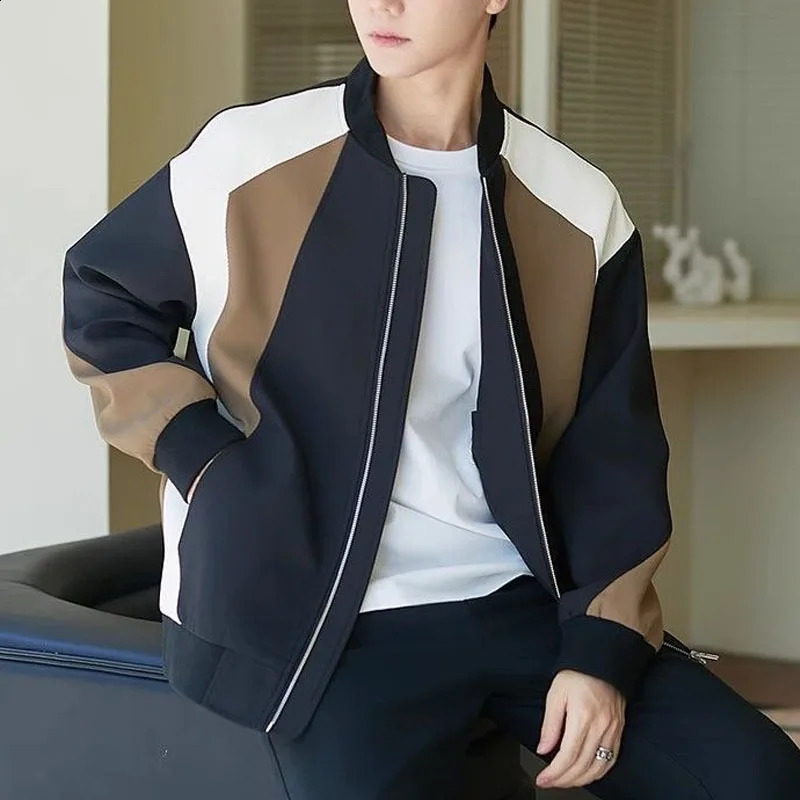 Spring and Autumn Fashion Trend High End Wrinkle Resistant Panel Contrast Loose Versatile Casual Round Neck Mens Baseball Coat 240814
