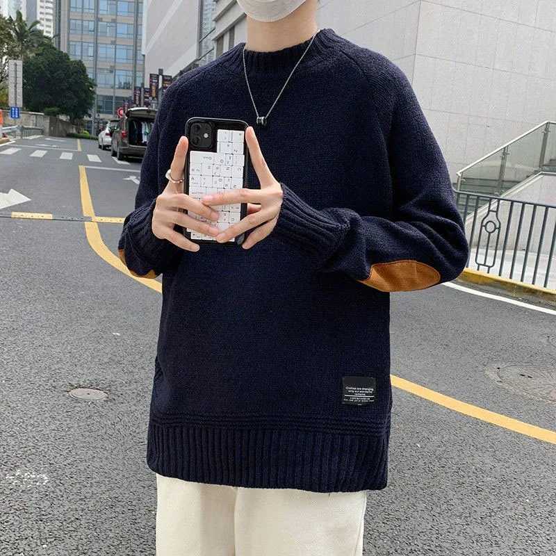 Winter Fashion Korean Edition Thickened Round Neck Panel Loose and Versatile Puppy Handsome Student Knitted Long Sleeve SweaterXJ240814