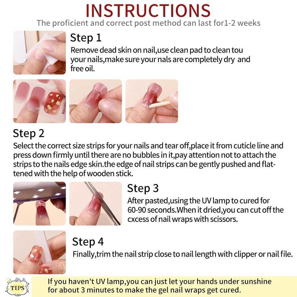 16Tips Semi Cured Gel Nail Wraps Golden Glitter French Phototherapy Lamp UV DIY Gel Patch-Includes Nail File Wooden StickXJ240814