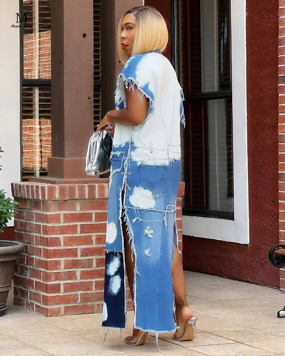 Streetwear Women Long Jacket Sleeveless Chain Patchwork Slit Y2K Clothes Fashion Cotton Washed Denim Coats 240814