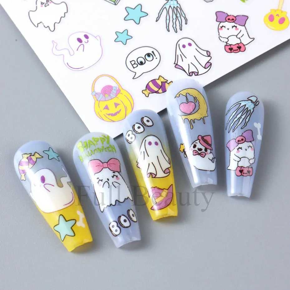 3D Halloween Skull Pumpkin Nail Art Stickers Black Cat Ghost Spider Web Design Nail Adhesive Decals Tattoo Decorations ManicureXJ240814