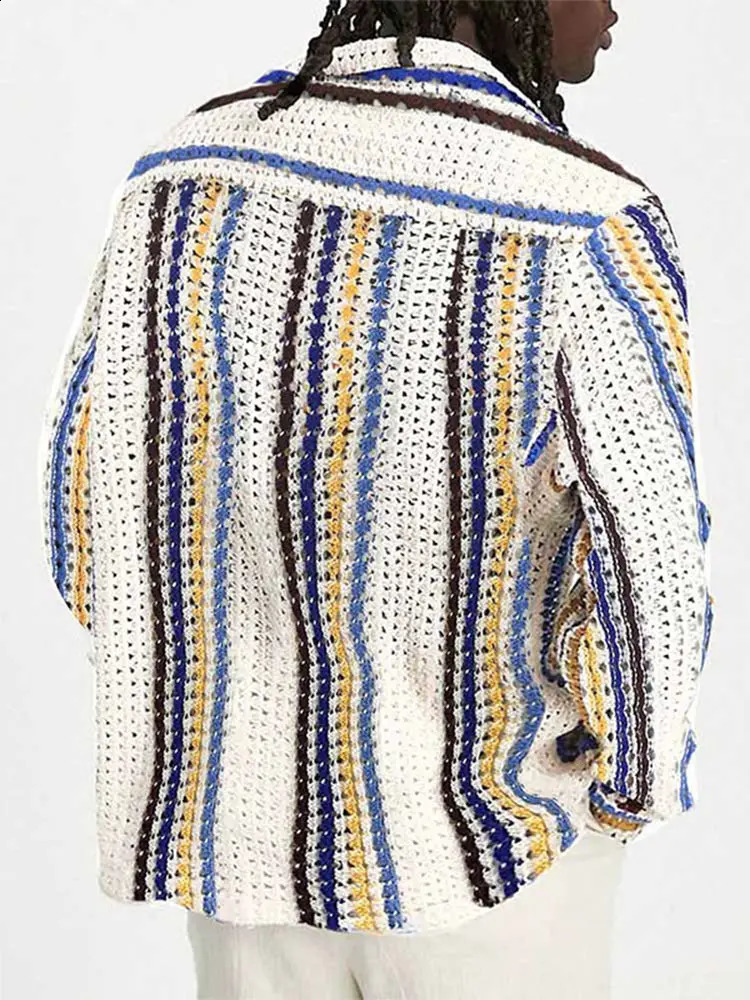 Casual Contrast Knitted Striped Sweater Cardigan Mens Fashion Long Sleeve Single Breasted Knit Coat Male Beach Hollow Out Coat 240814