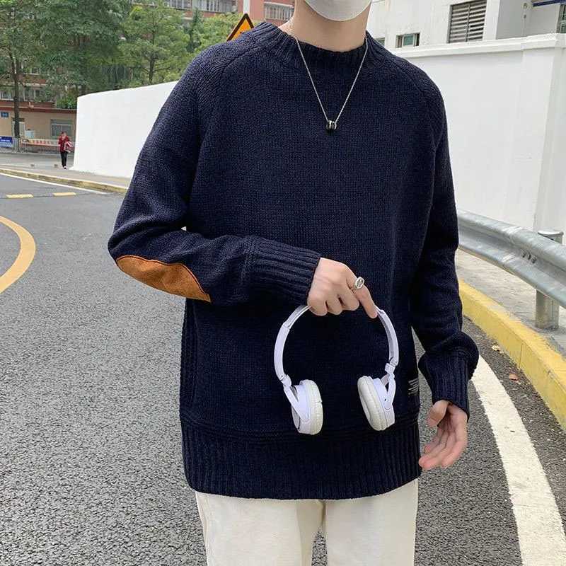 Winter Fashion Korean Edition Thickened Round Neck Panel Loose and Versatile Puppy Handsome Student Knitted Long Sleeve SweaterXJ240814