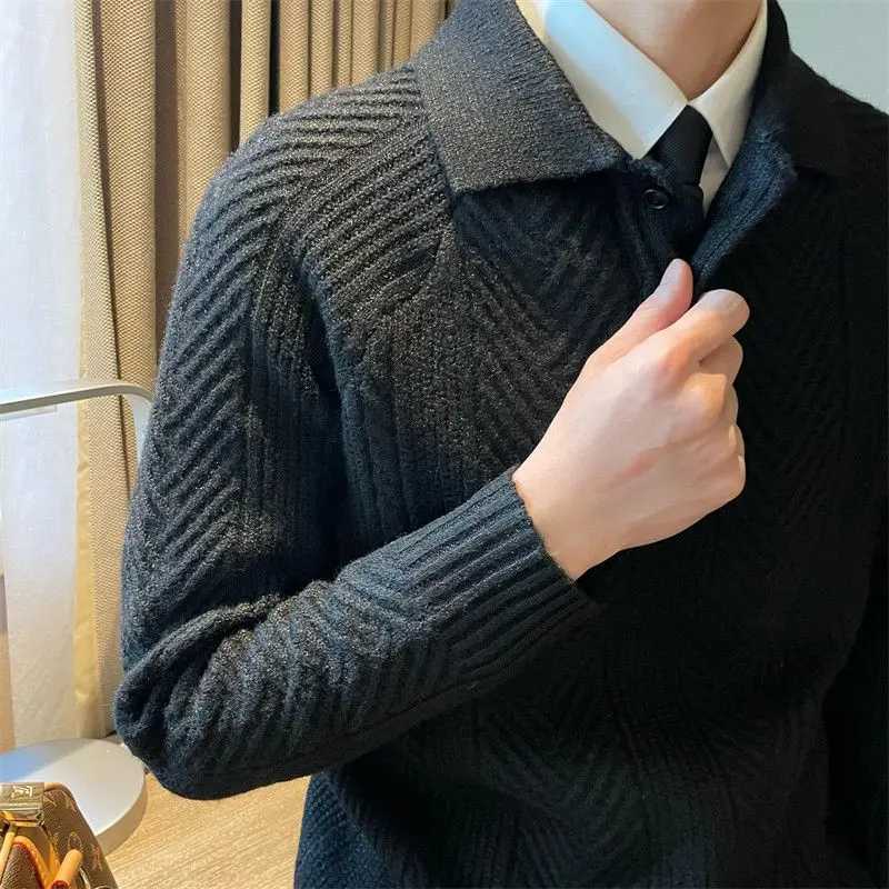 Sweater Mens Retro Texture Turndown Collar Polo Shirt Autumn Winter Casual Solid Color Buttons Knitted Sweaters Tops PulloverXJ240814
