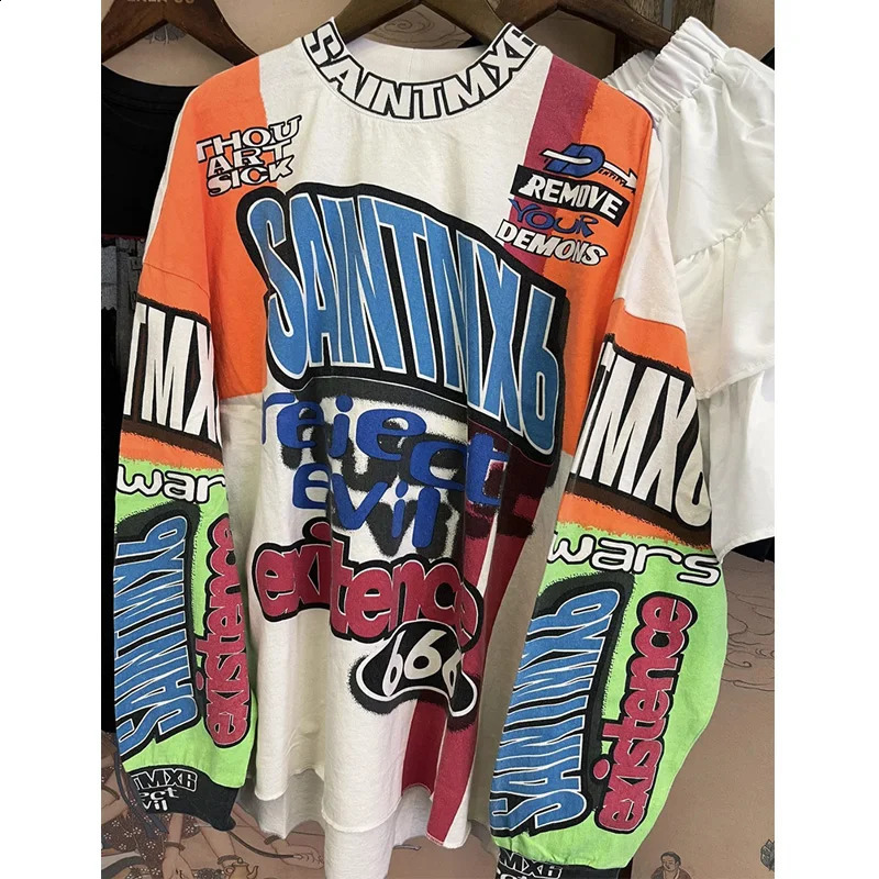 Hip Hop Letter Graffiti Saint MOTOCLOSS Long Sleeve Tshirt for Men 1 Label Top High Quality Cotton Oversized 240815
