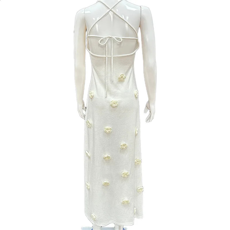 Elegant 3D Flower Knitted Long Dress Women Deep V-neck Spaghetti Strap Backless Sleeveless Beach Dresses 2024 Summer Lady Robes 240814