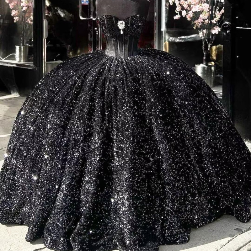 Black Shiny Quinceanera Dresses Ball Gown 2024 Off Shoulder Sequined Sweet 16 Birthday Party Formal Dress Vestidos De 15 Anos