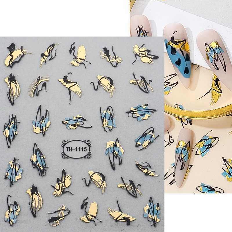 3D Nail Art Stickers Golden Wave Line Marble Blue Geometry Abstract Flowers Nail Art Sliders Decals Foils Manicure DecorationsXJ240814