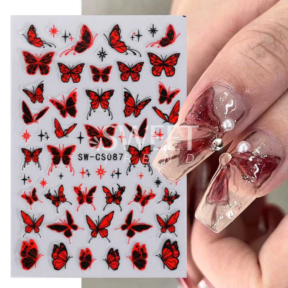 Black Silver Chrome Butterfly Nail Stickers Metal Mirror Star Gilded Design Decals DIY Summer Red Moon Decoration Manicure WrapsXJ240814