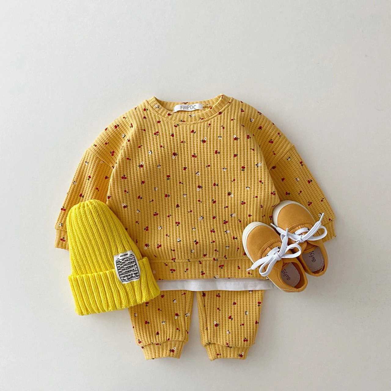 Clothing Sets 2024 New Toddler Kids Waffle Cotton Clothes Set Many Fruits Print Sweatshirt + Casual Pants 2pcs Boys Suit Baby Girl Outfits