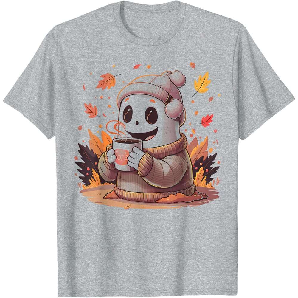 T shirt for Mens Autumn Fall Cozy Ghost with Coffee Cute Halloween Costume T-Shirt Shirts Tshirt Graphic Tee Casual Tops Clothes Short sleeve 2025