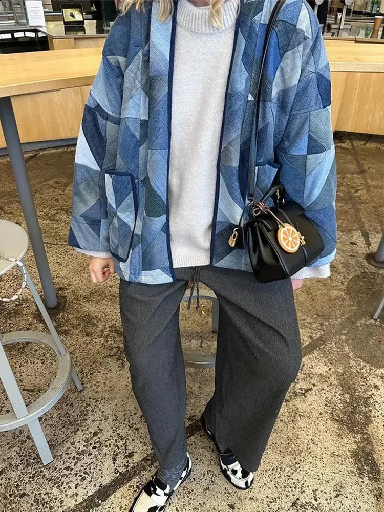Chic Women Denim Patchwork Loose Cardigan Casual V Neck Long Sleeve Pocket Coat Autumn Lady Commuting Jacket High Street Outwear 240814