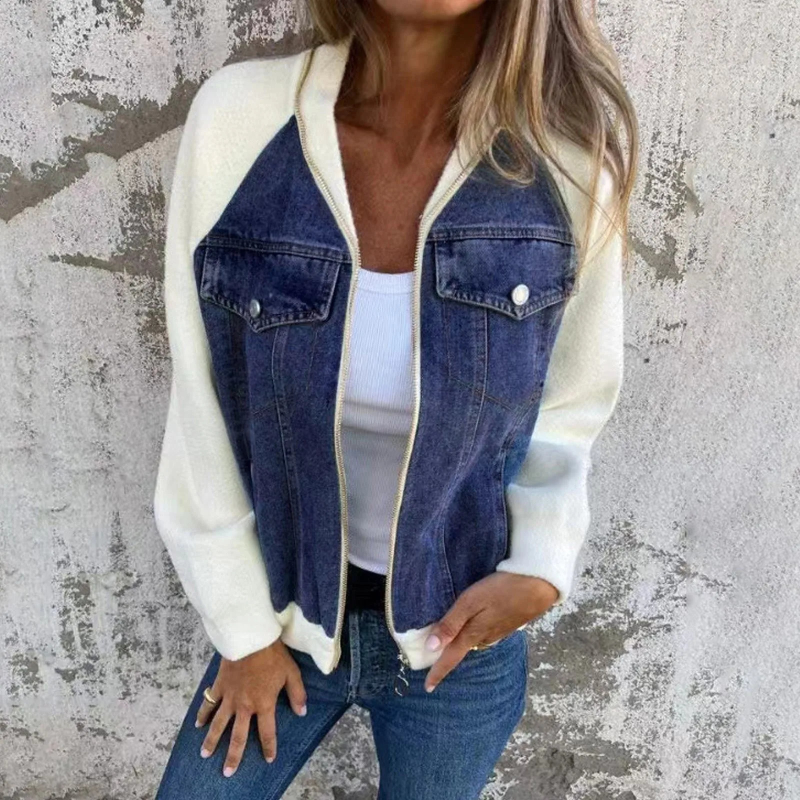 Women Autumn Winter Fashion Denim Jacket Patchwork Cropped Jacket Casual Wipe Shoulder Sleeve Jacket American Retro Loose Jacket 240814