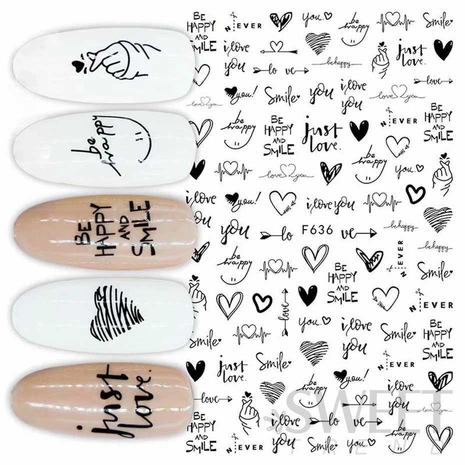 3D Love Heart Nail Sticker Valentines Day Nail Art Decoration English Letter Sliders Geometric Decal DIY Manicure Design TipsXJ240814