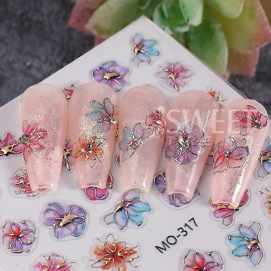 Holographic Purple Flowers Nail Sticker Metallic Blooming Floral Gradient Design Adhesive Decal DIY Charm Elegant Manicure FoilsXJ240814
