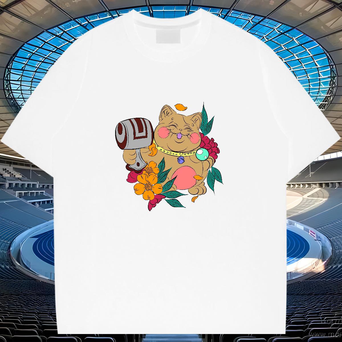 Popular T Shirts Men cat Breathable Short Sleeve Street Anime Print 230g Cotton Tshirts Classic Tees
