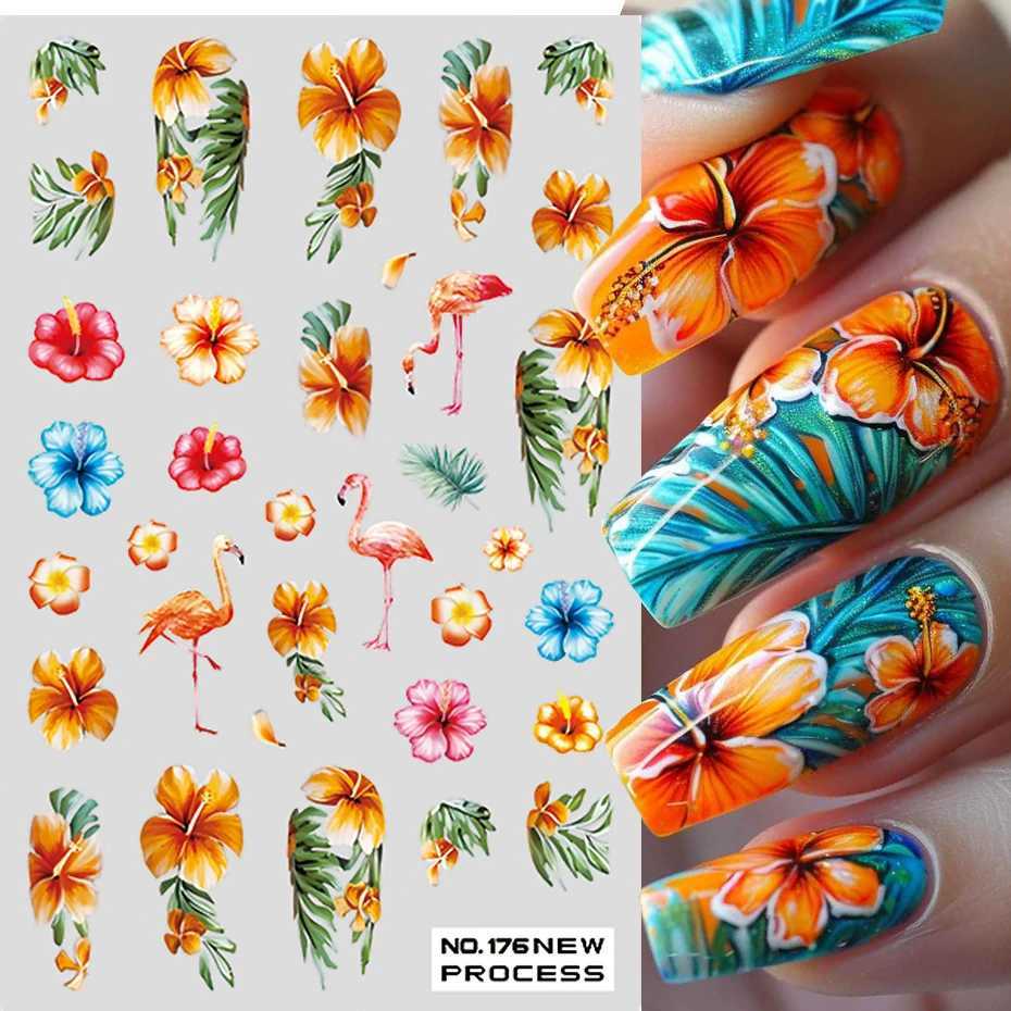 Green Coconut Tree Beach Nail Sticker Tropical Flamingo Flower Leaf Summer Nail Art Decals Adhesive Sliders Decorations ManicureXJ240814