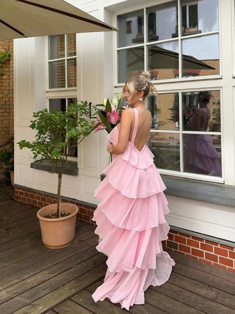 Womens Elegant Pink Chiffon Layer Ruffles Maxi Dress Sexy Backless 3d-flower Long Strap Robe Lady Party Chic Summer 2024 240814