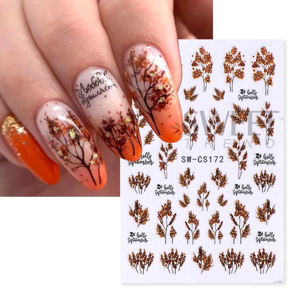 Autumn Pumpkin Nails Adhesive Stickers Fall Maple Leaf Flower Holly Element Decal Winter Adhesive Sliders Manicure Supplies TipsXJ240814