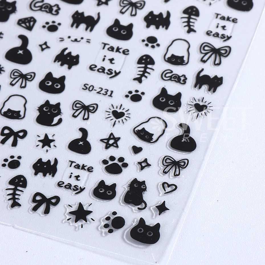 2pcs 3D Black Kawaii Cat Nail Stickers Decals Love Heart Y2K Star Bow Cartoon Self Adhesive Nail Sliders Decorations ManicureXJ240814