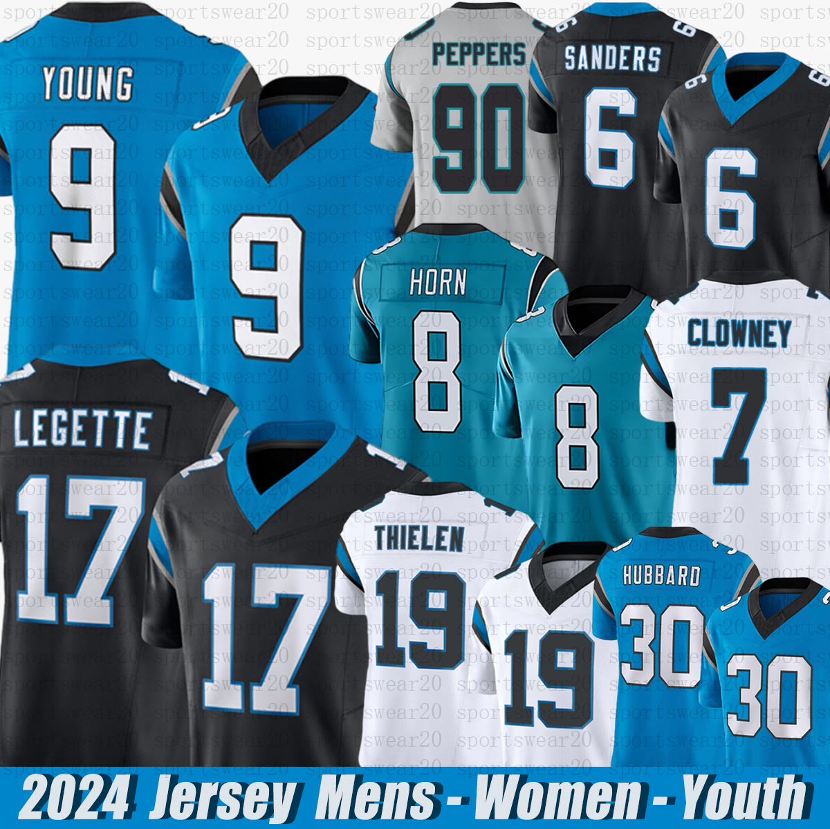 Carolinacity PanthersS #9 Bryce Young #17 Xavier Legette Jaycee Horn Jonathon Brooks Adam Thielen Jadeveon Clowney Luke Kuechly Julius Peppers Football jerseys