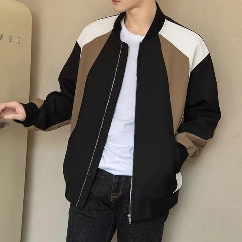 Spring and Autumn Fashion Trend High End Wrinkle Resistant Panel Contrast Loose Versatile Casual Round Neck Mens Baseball Coat 240814