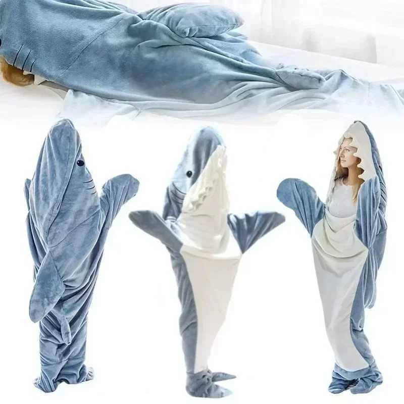 Cartoon Sleeping Bag for Children and Adults Shark Blanket Soft Cozy Fabric Mermaid Shawl Wearable Tiburon Pajamas Gift Y240815