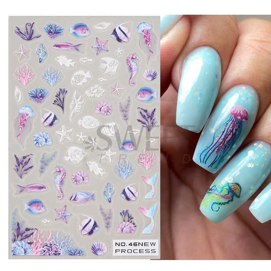 Sea Animal Jellyfish Nail Stickers Blue Shell Star Fish 3D Decals Beach Wave Palm Tree Nail Art Sliders Scrub Spring Design SANOXJ240814