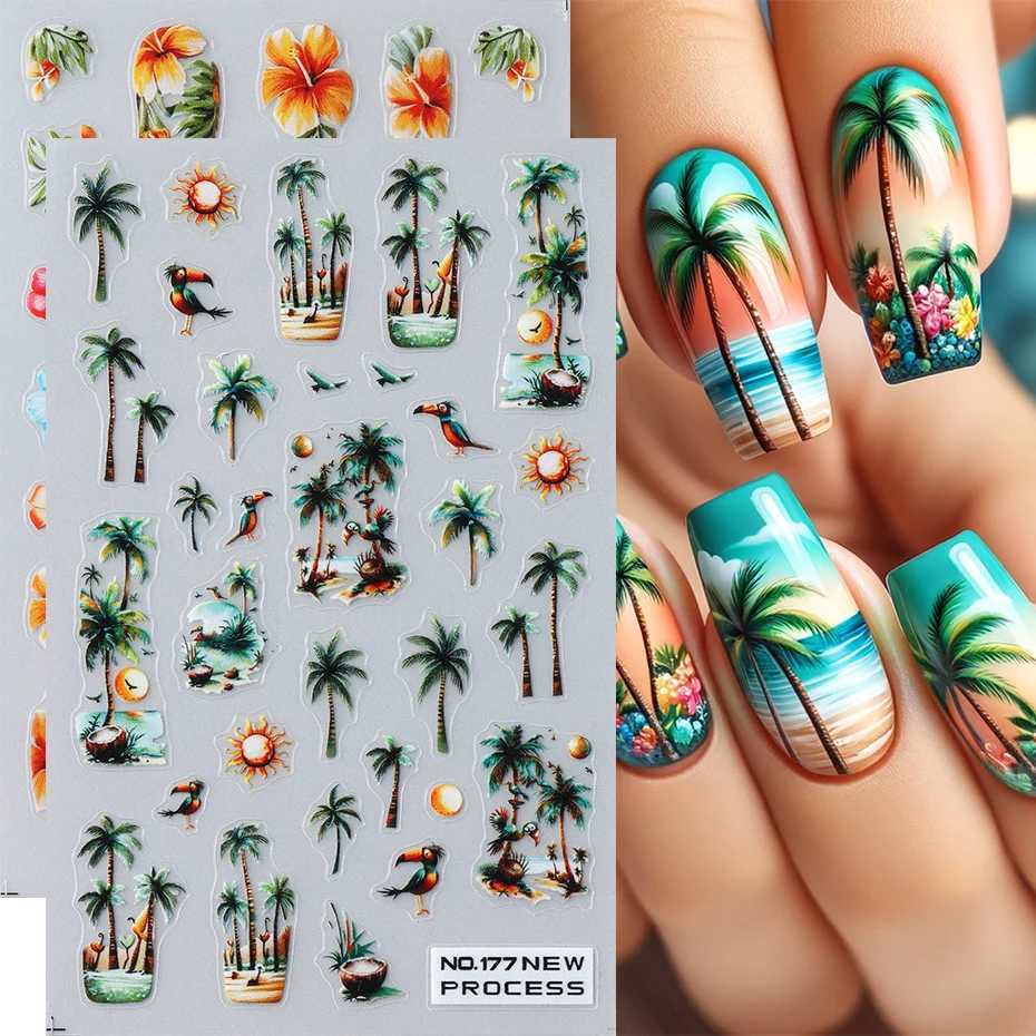Green Coconut Tree Beach Nail Sticker Tropical Flamingo Flower Leaf Summer Nail Art Decals Adhesive Sliders Decorations ManicureXJ240814