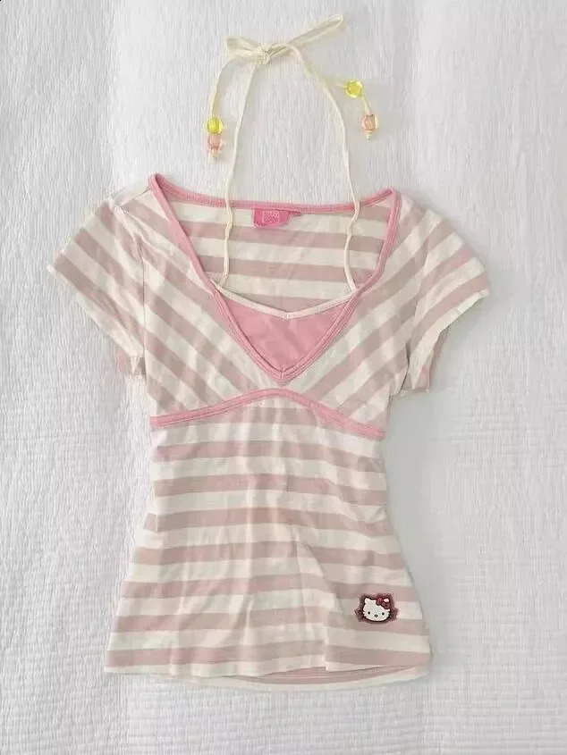 Japanese Cute Pink Striped Tshirt Short Sleeve Y2k Harajuku Retro French Subculture Summer Womens Top 240814