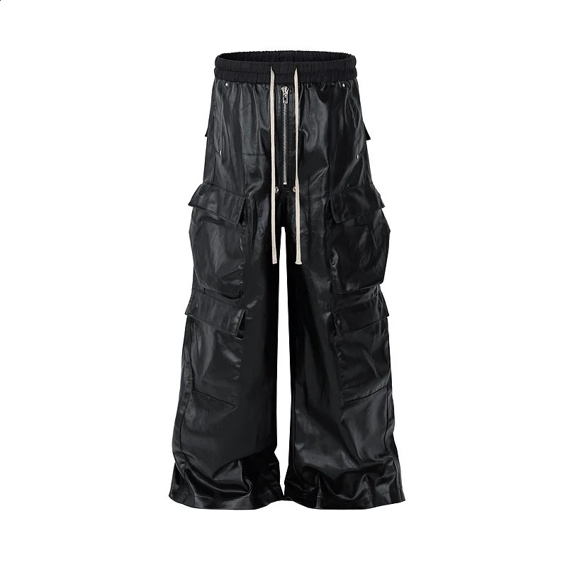 High Quality Techwear Multi-pocket Wax Coating Hip Hop Punk Wide Leg Cargo Pants Men Women Harajuku Street Casual Baggy Pants 240814