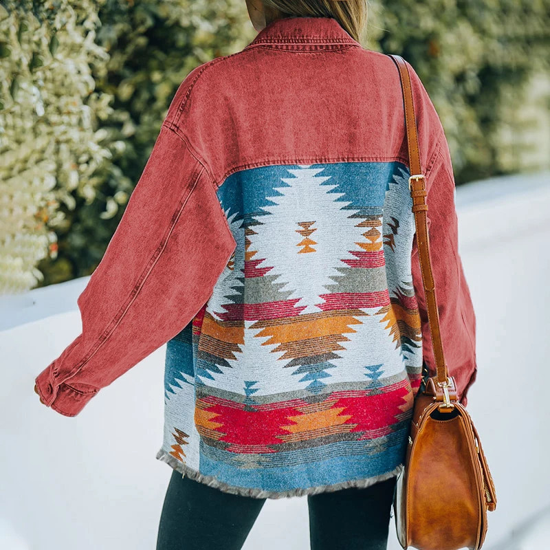 AYUALIN Vintage Patchwork Casual Loose Oversize Denims Autumn Winter Outwear Boho Long Sleeve Denim Jackets for Women Tops Coats 240814