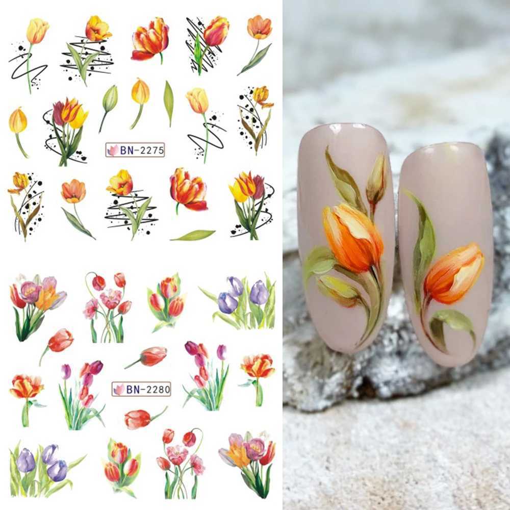 Tulips Flowers Water Nail Decals Leaf Transfer Nail Stickers Spring Summer Decoration Snowdrops Watermarks Slider LEBBN2269-2280XJ240814
