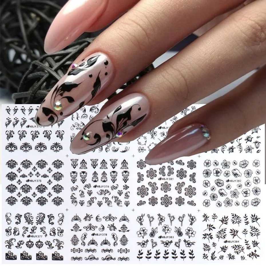 12PCS / Set Black Nail Stickers Flower Leaf Necklace 3D Sliders Decal Gel Polish Sticker DIY Design Manicure TipsXJ240814