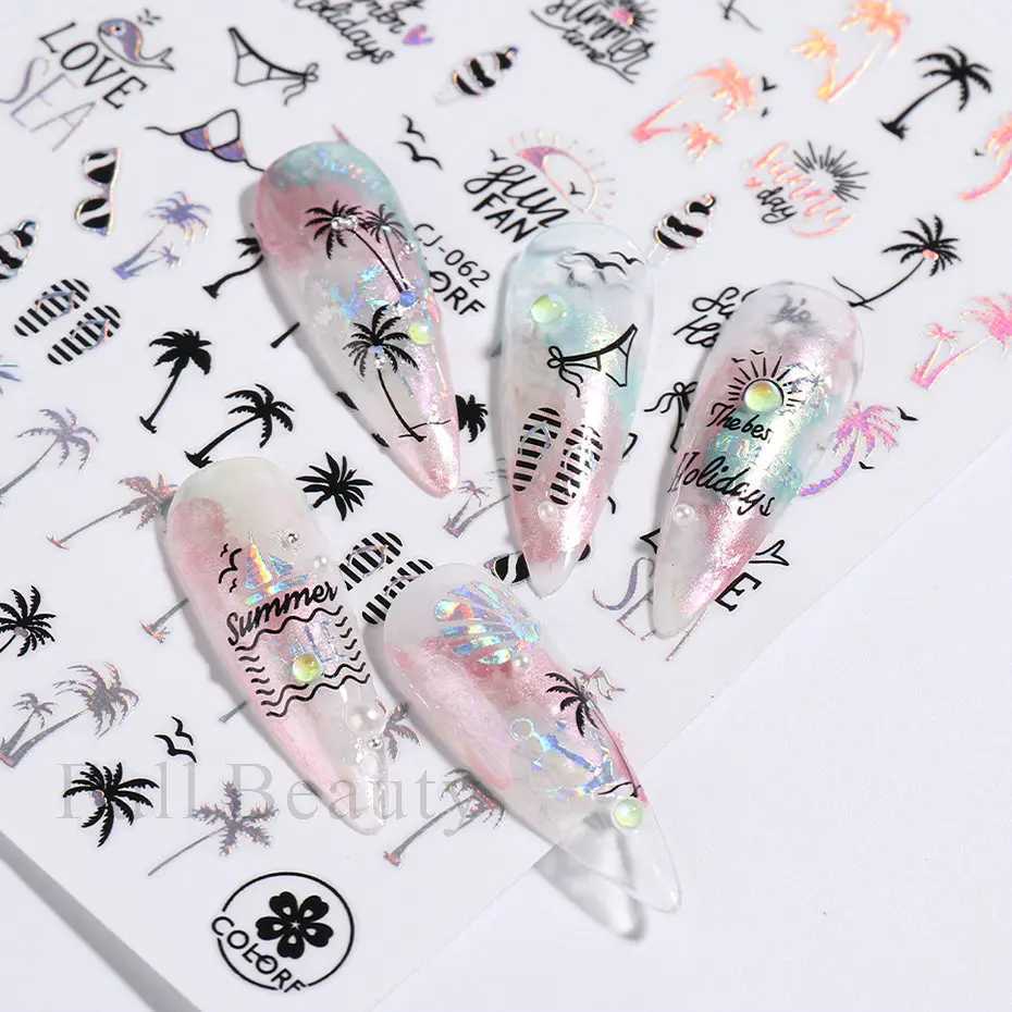 3D Black Gold Coconut Tree Nail Sticker Laser Palm Leaves Flower Sliders For Manicure Summer Beach Ocean Nail Decals DecoXJ240814