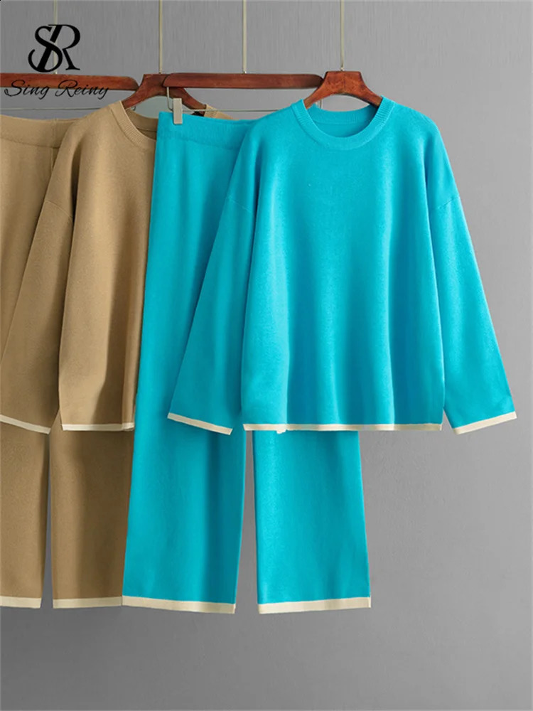 Womens Oneck loose fitting patchwork topelastic waist wide leg pants knitted sweater 2PC set 240809