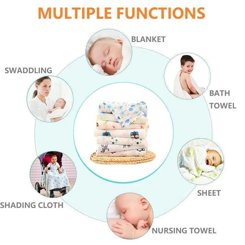 Baby Bath Towel 120x110cm Baby Muslin Swaddle Wrap Cotton Beach Shower Blanket Cute Soft Two Layer Gauze Infant Stroller Cover Y240815