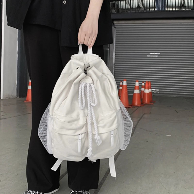 Drawsting Backpacks For Women Casual Canvas Lady Light Weight Students Shoulder Bag Large Capacity Travel Rucksack 240814