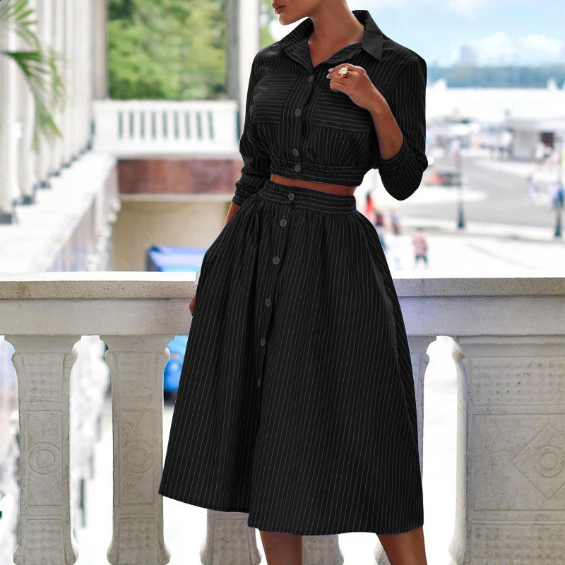 Elegant Turn-down Collar Button Blouse Skirts Suit Autumn Fashion Striped Print Two Piece Sets Casual 34 Sleeve Women Outfits 240810