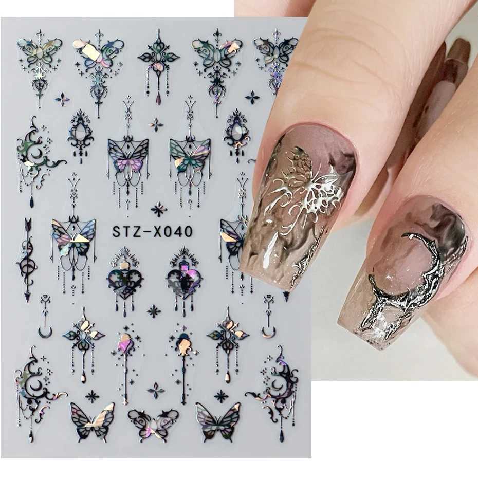 3D Holographic Black Butterfly Nails Slider Laser Self-adhesive Decals Dark Castle Tassels Designs Manicure Stickers Decor 2023XJ240814