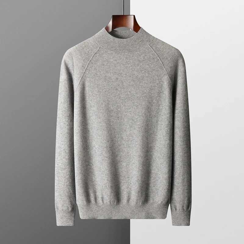 Autumn Winter New Mens 100% Cashmere Sweater Half High Collar Knitted Pullover Tops Lightweight Warm Long Sleeve Solid ColorXJ240814