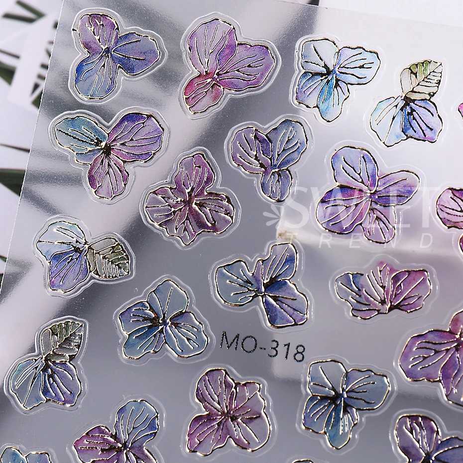 Holographic Purple Flowers Nail Sticker Metallic Blooming Floral Gradient Design Adhesive Decal DIY Charm Elegant Manicure FoilsXJ240814
