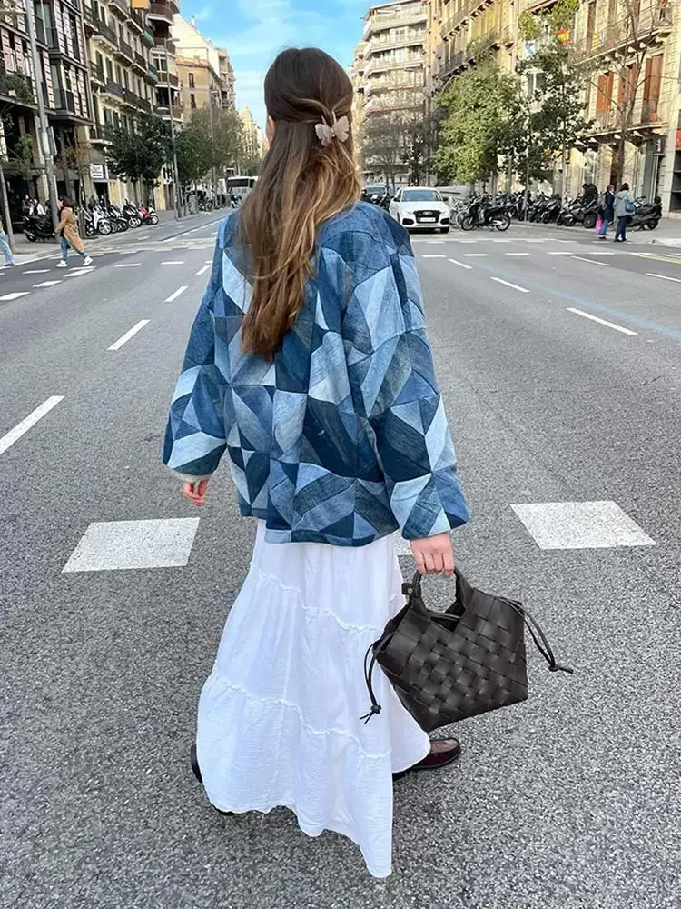 Chic Women Denim Patchwork Loose Cardigan Casual V Neck Long Sleeve Pocket Coat Autumn Lady Commuting Jacket High Street Outwear 240814