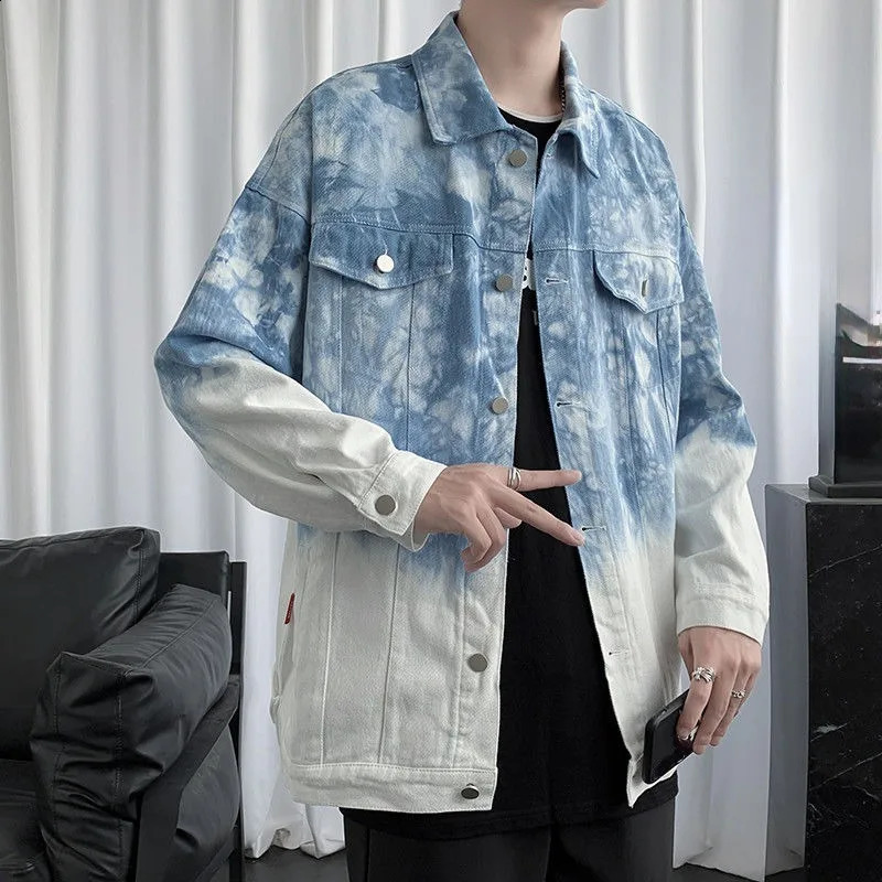 Pink Tie Dyed Jean Jacket Mans Gradient Color High Street Couple Jacket Spring and Autumn Long Sleeve Lapel Coats Ropa Hombre 240814
